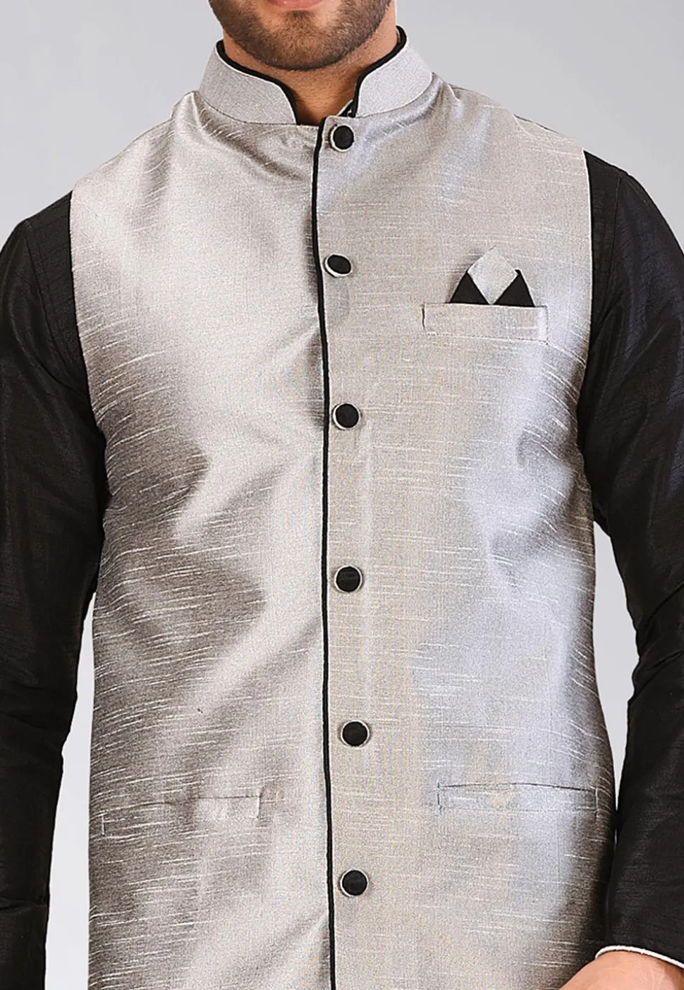 Solid Color Dupion Silk Nehru Jacket in Grey