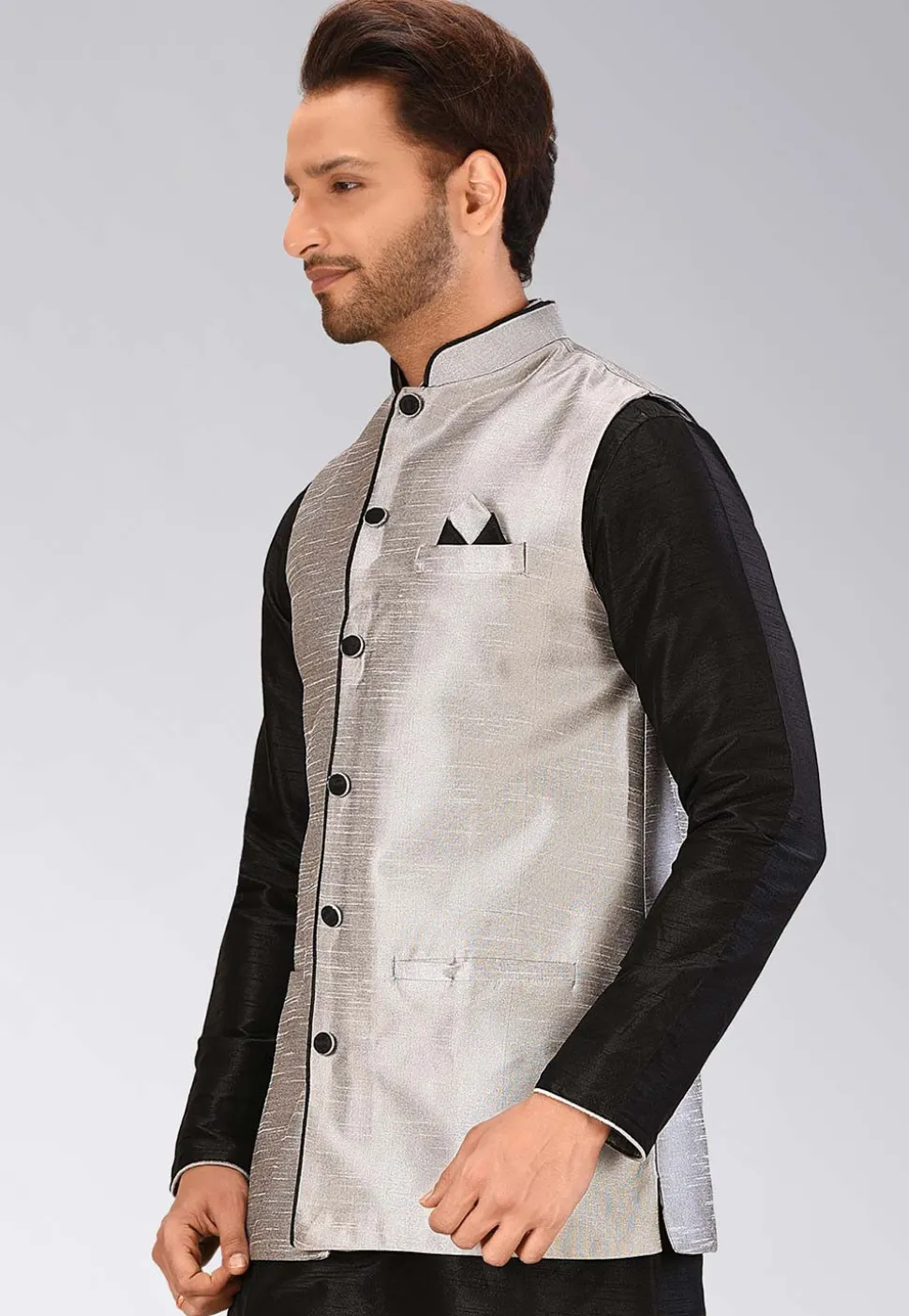 Solid Color Dupion Silk Nehru Jacket in Grey