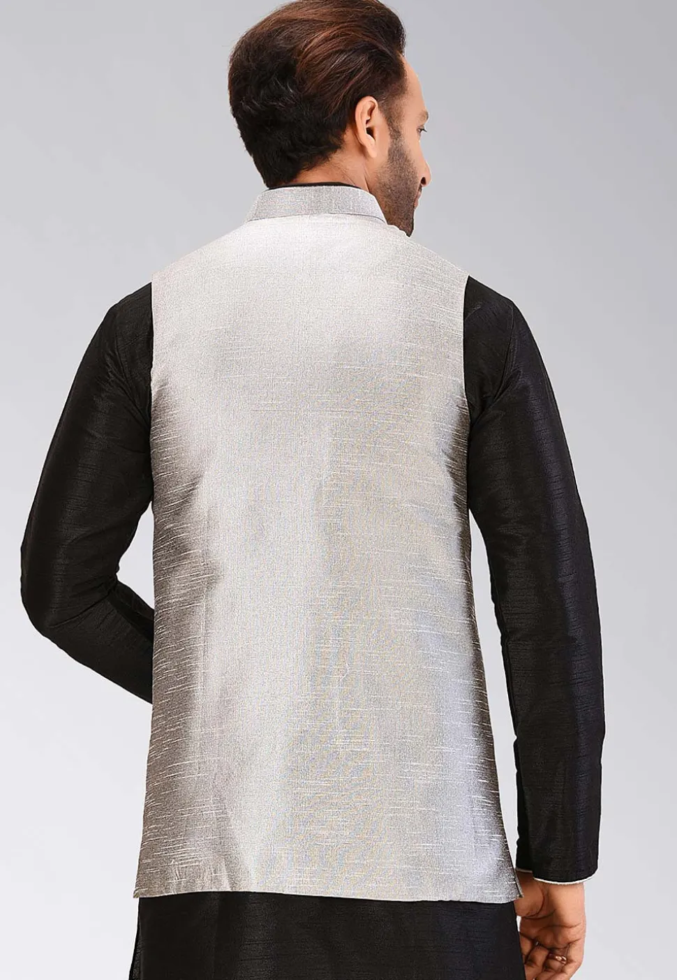 Solid Color Dupion Silk Nehru Jacket in Grey