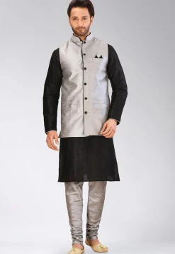 Solid Color Dupion Silk Nehru Jacket in Grey