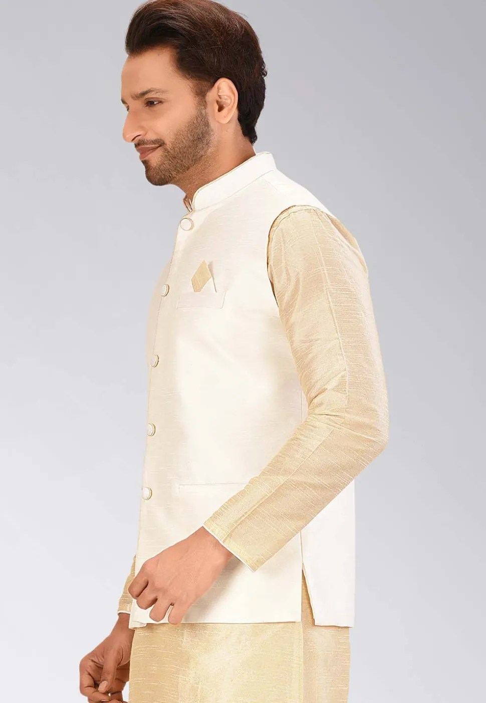 Solid Color Dupion Silk Nehru Jacket in Cream