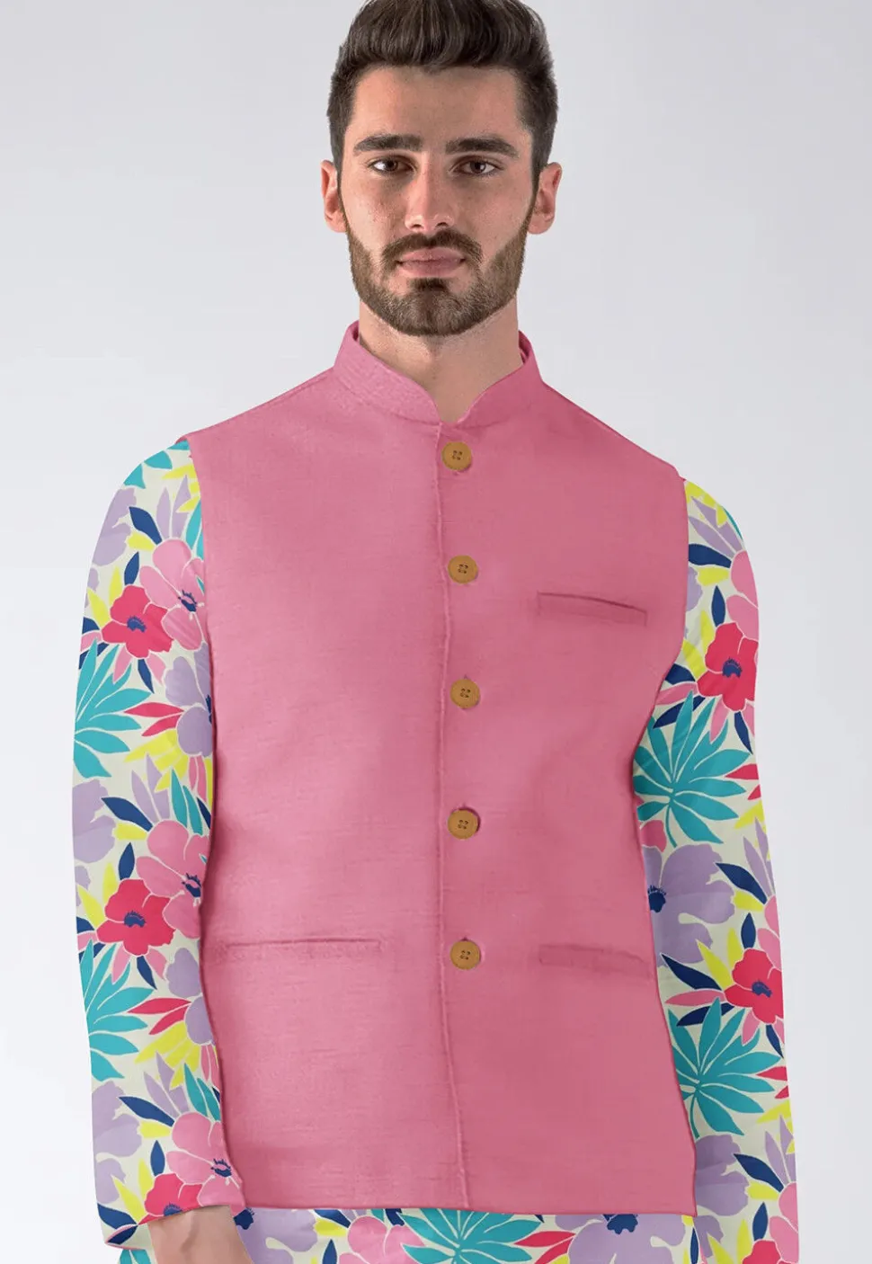 Solid Color Dupion Silk Nehru Jacket in Light Pink
