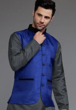 Solid Color Dupion Silk Nehru Jacket in Navy Blue