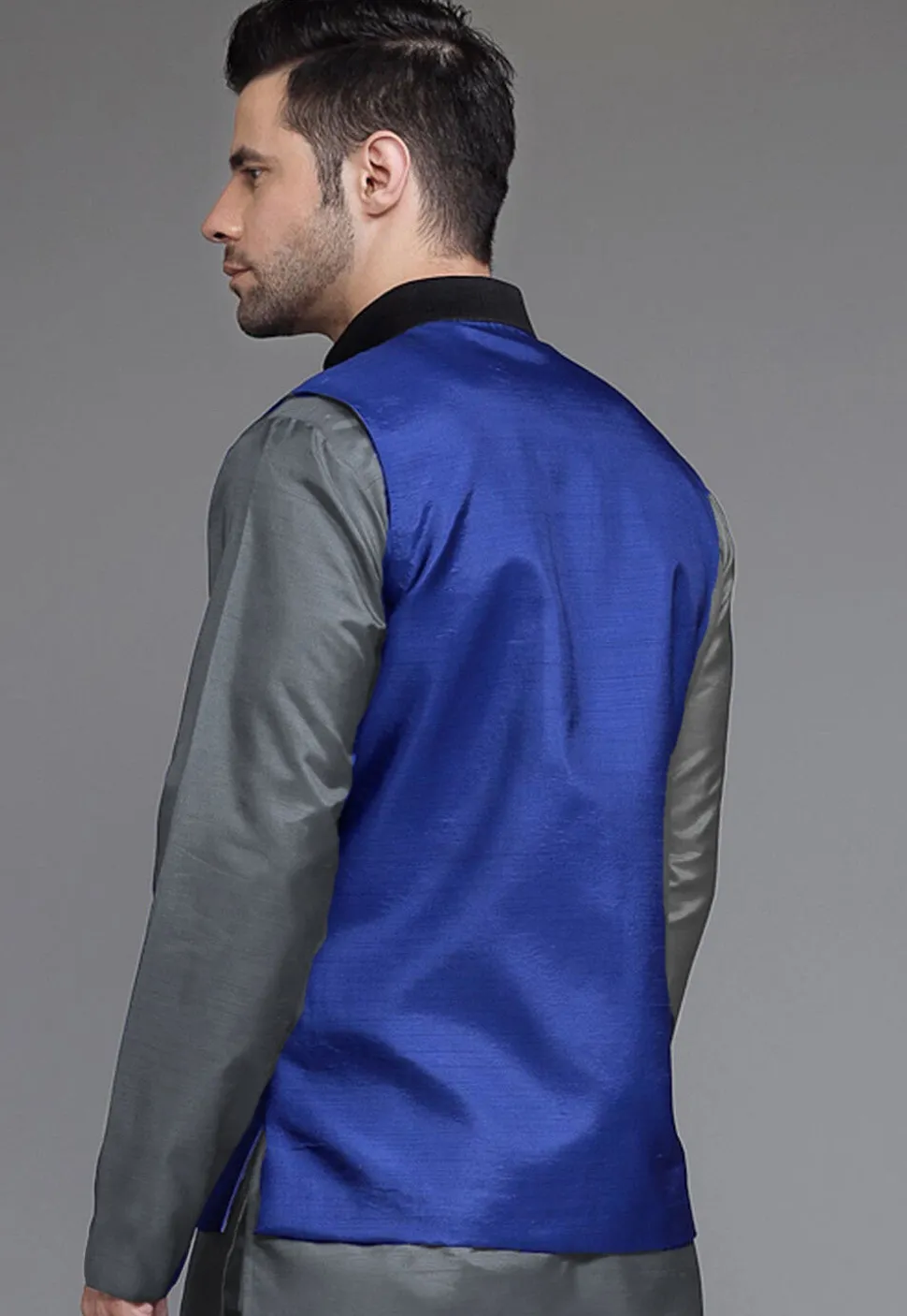 Solid Color Dupion Silk Nehru Jacket in Navy Blue