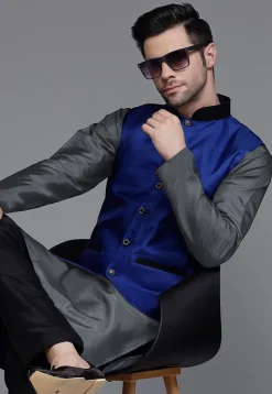 Solid Color Dupion Silk Nehru Jacket in Navy Blue