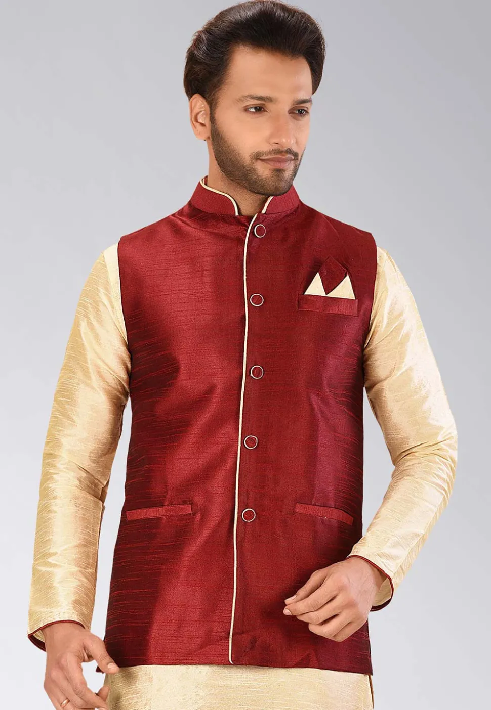 Solid Color Dupion Silk Nehru Jacket in Maroon