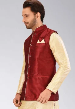 Solid Color Dupion Silk Nehru Jacket in Maroon