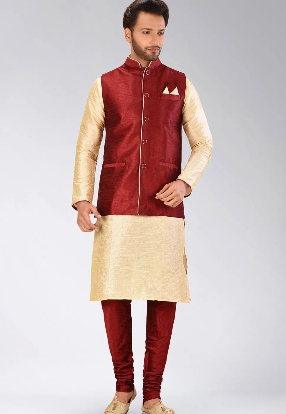 Solid Color Dupion Silk Nehru Jacket in Maroon