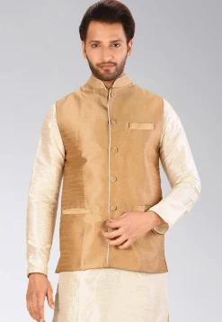 Solid Color Dupion Silk Nehru Jacket in Dark Beige