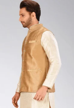 Solid Color Dupion Silk Nehru Jacket in Dark Beige