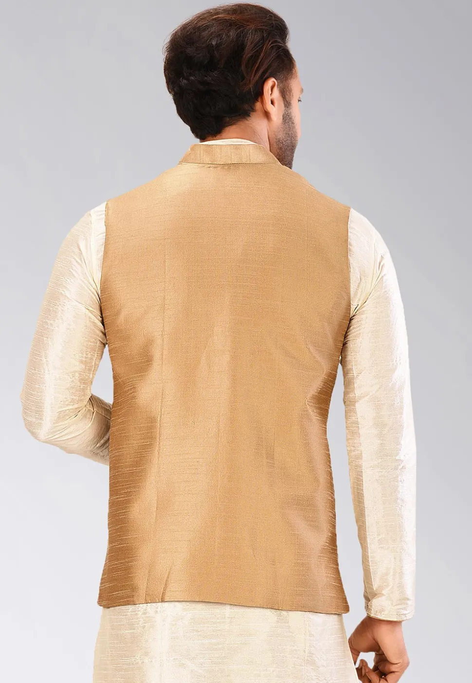 Solid Color Dupion Silk Nehru Jacket in Dark Beige