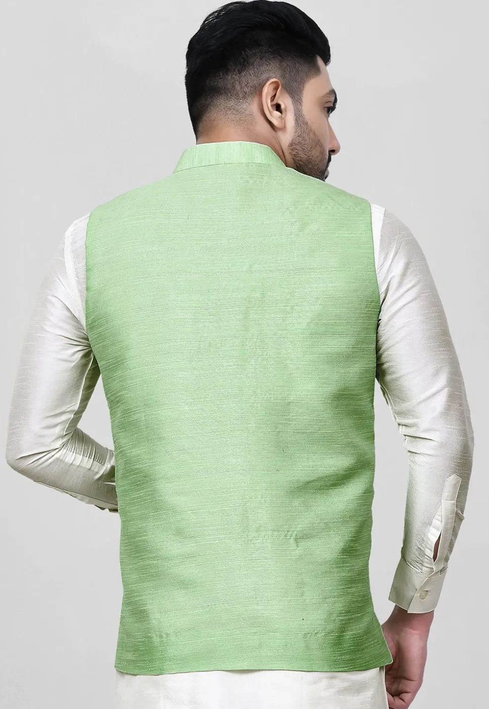 Solid Color Dupion Silk Nehru Jacket in Light Green