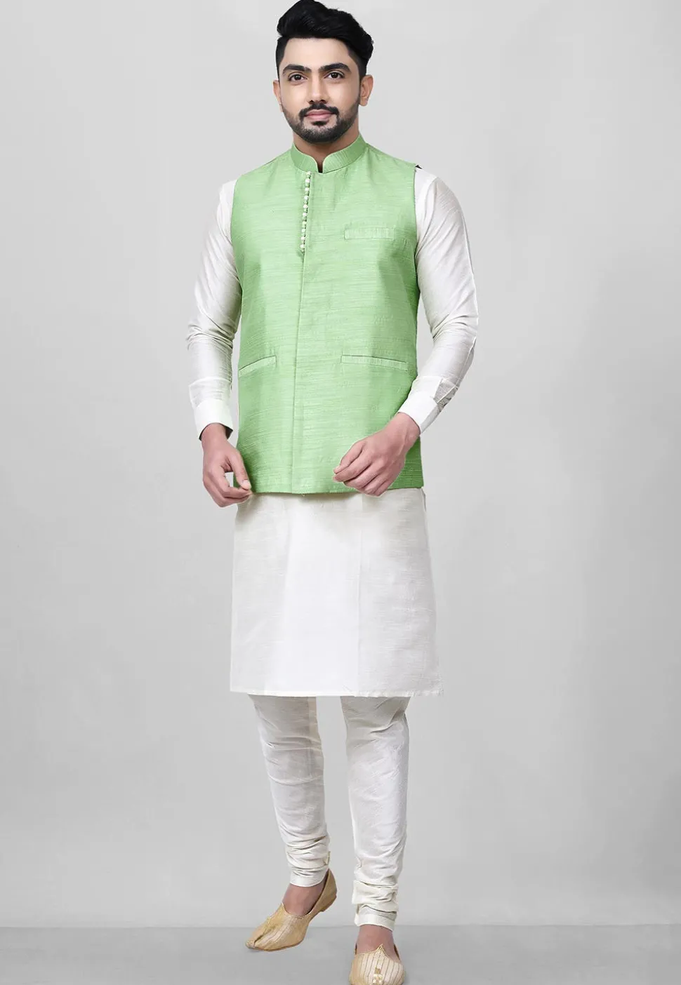 Solid Color Dupion Silk Nehru Jacket in Light Green