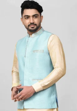 Solid Color Dupion Silk Nehru Jacket in Light Blue