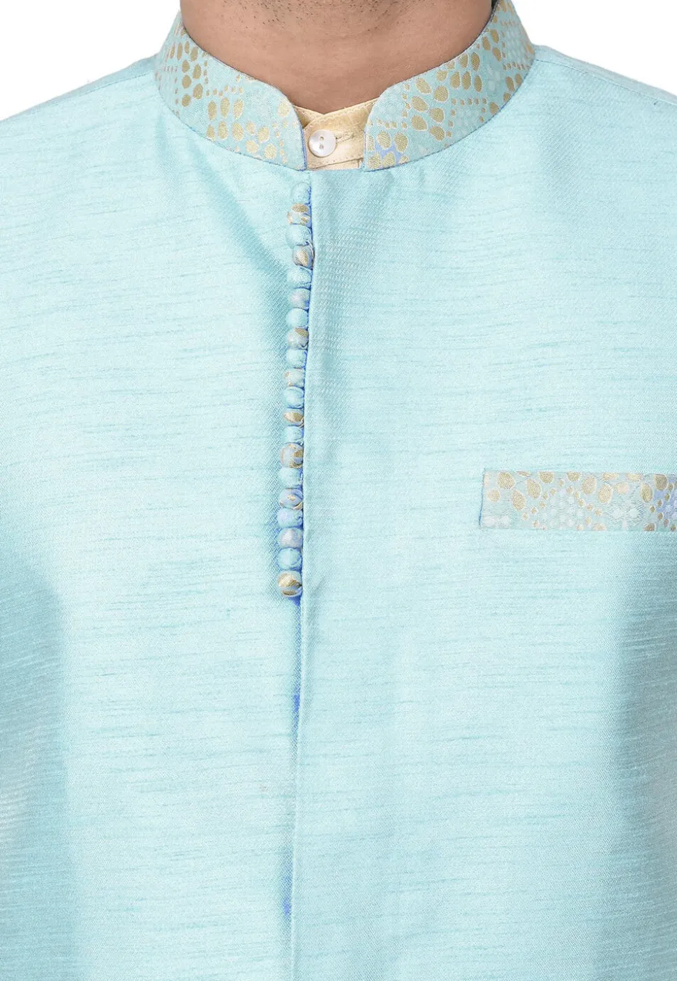 Solid Color Dupion Silk Nehru Jacket in Light Blue