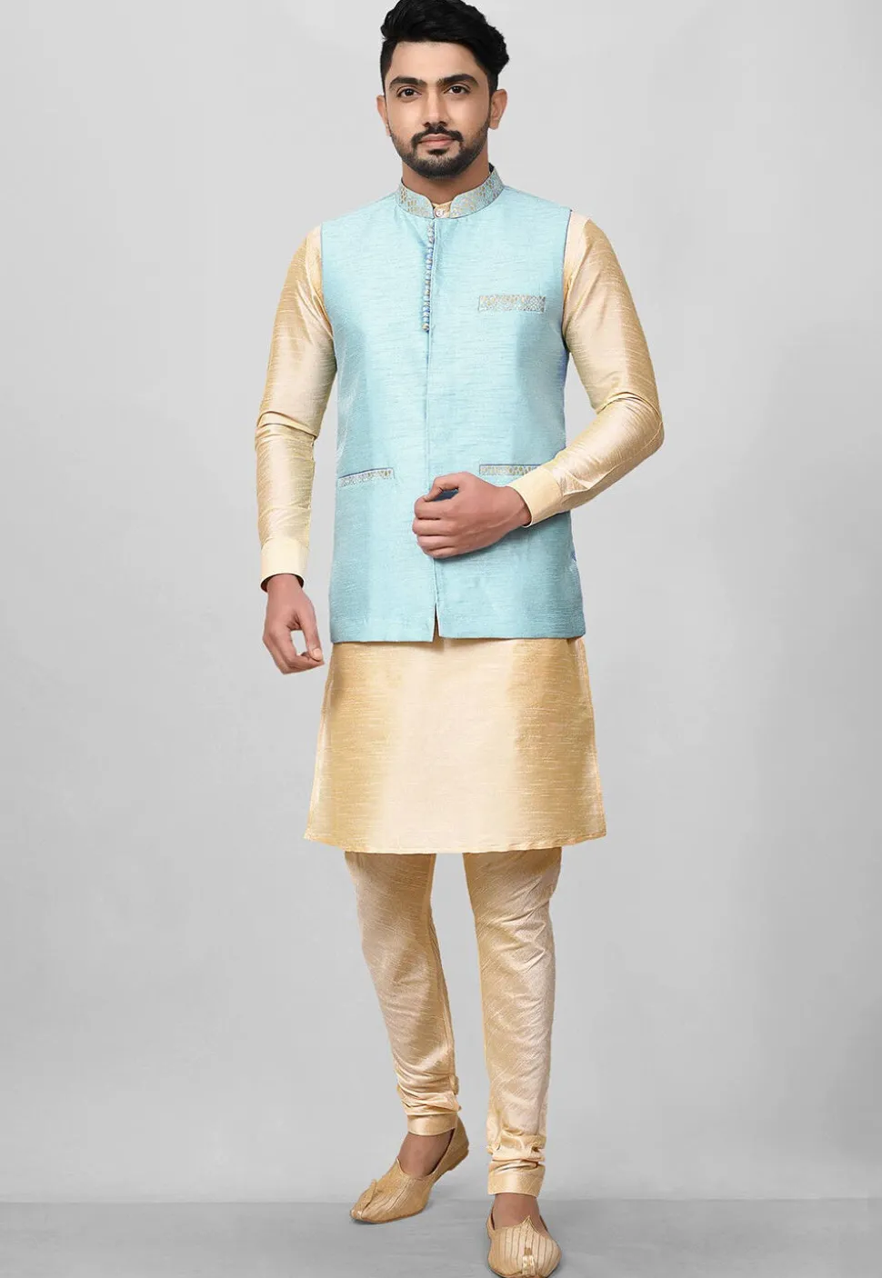 Solid Color Dupion Silk Nehru Jacket in Light Blue