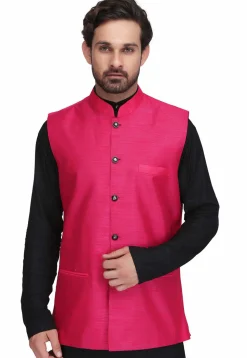 Solid Color Dupion Silk Nehru Jacket in Fuchsia