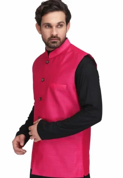 Solid Color Dupion Silk Nehru Jacket in Fuchsia
