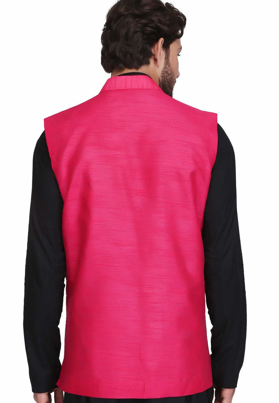 Solid Color Dupion Silk Nehru Jacket in Fuchsia