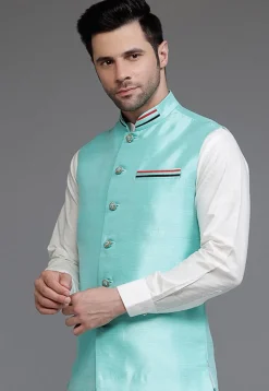 Solid Color Dupion Silk Nehru Jacket in Blue
