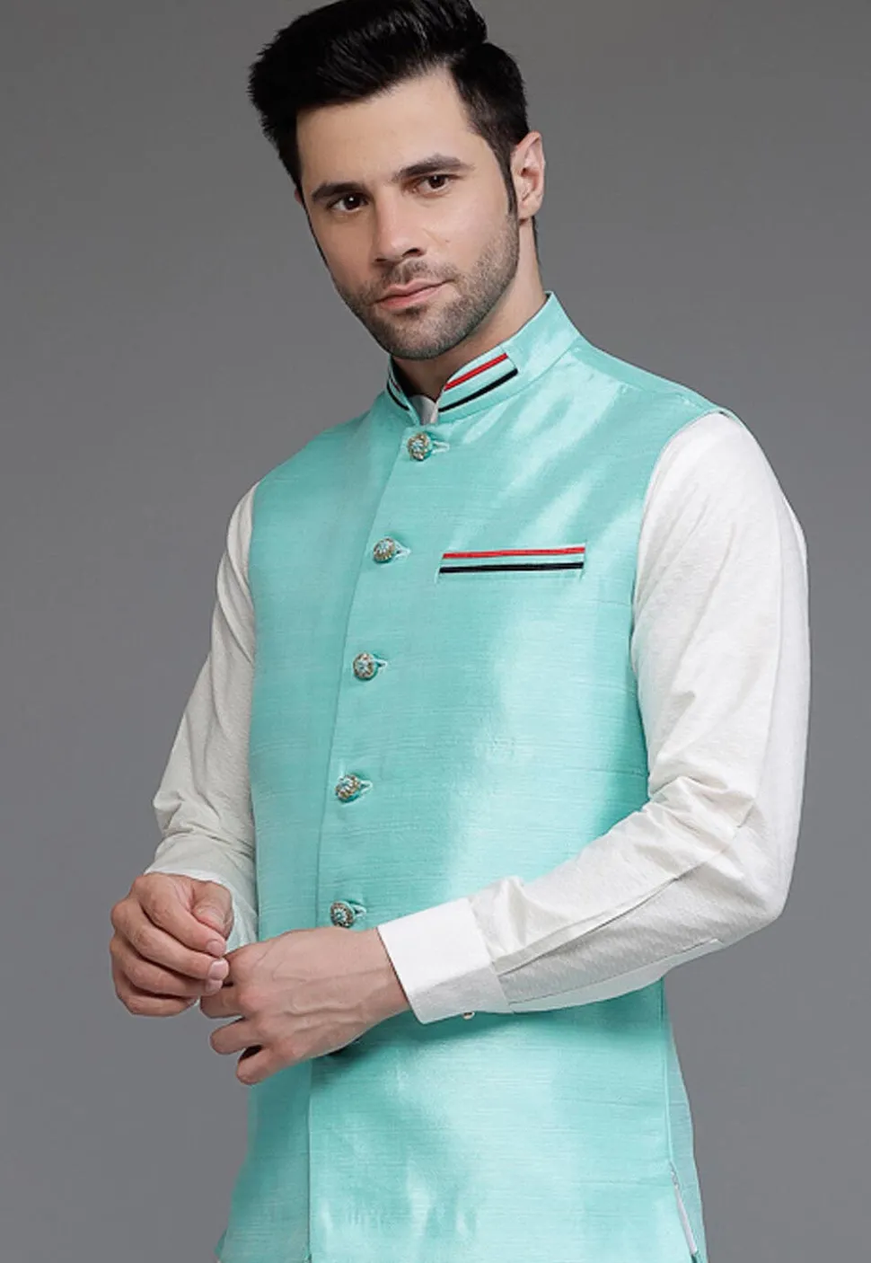 Solid Color Dupion Silk Nehru Jacket in Blue
