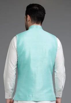 Solid Color Dupion Silk Nehru Jacket in Blue
