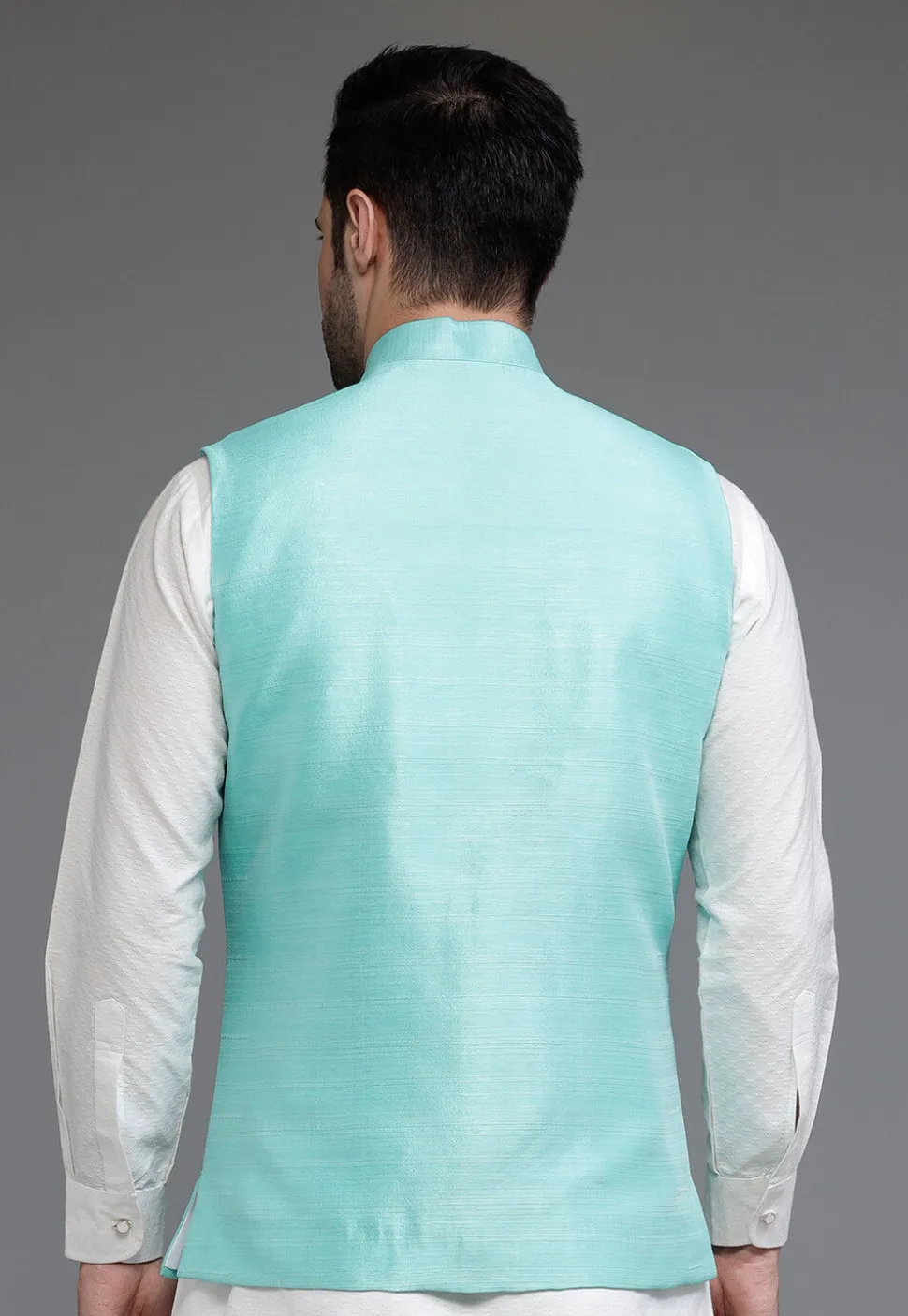 Solid Color Dupion Silk Nehru Jacket in Blue