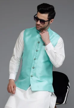 Solid Color Dupion Silk Nehru Jacket in Blue