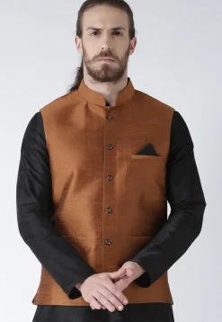 Solid Color Dupion Silk Nehru Jacket in Rust