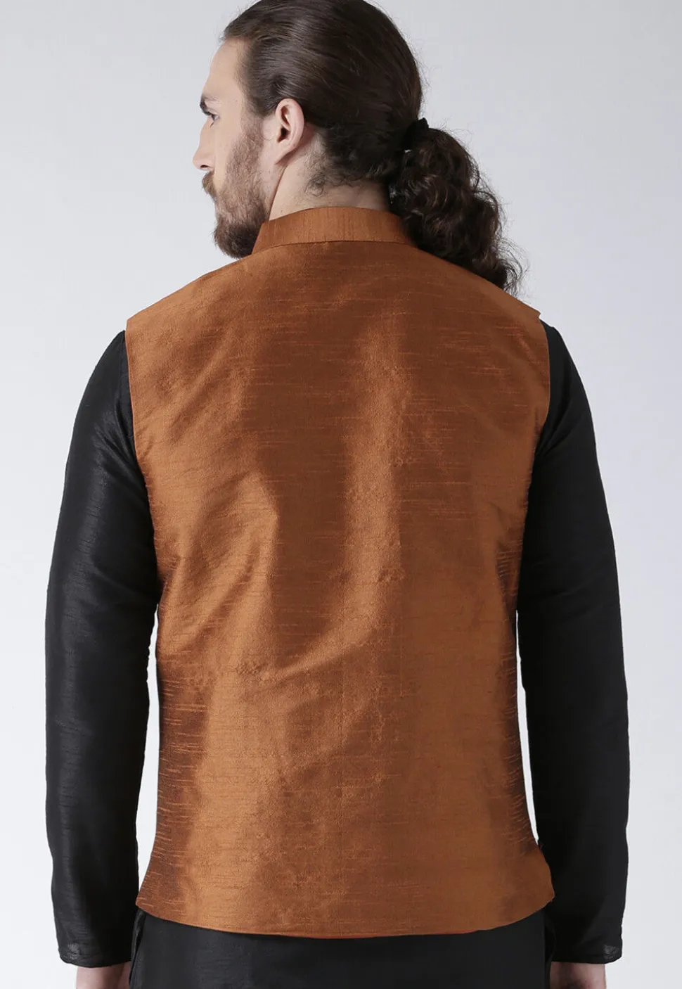 Solid Color Dupion Silk Nehru Jacket in Rust