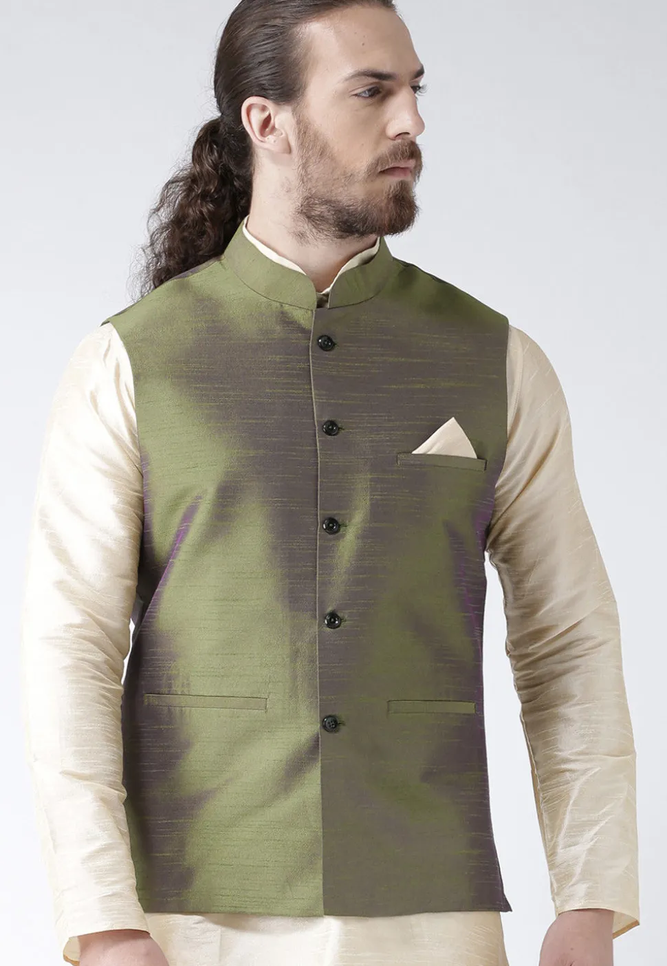 Solid Color Dupion Silk Nehru Jacket in Olive Green