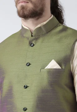 Solid Color Dupion Silk Nehru Jacket in Olive Green