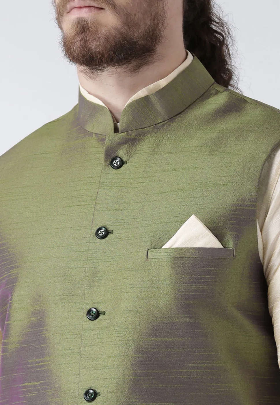 Solid Color Dupion Silk Nehru Jacket in Olive Green