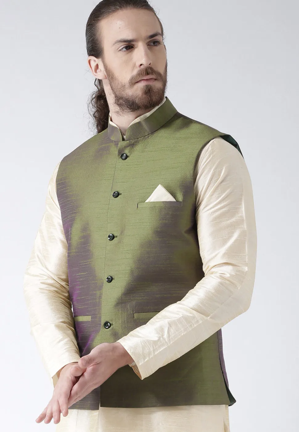 Solid Color Dupion Silk Nehru Jacket in Olive Green