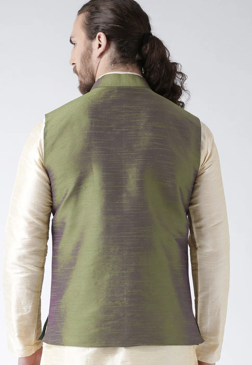 Solid Color Dupion Silk Nehru Jacket in Olive Green