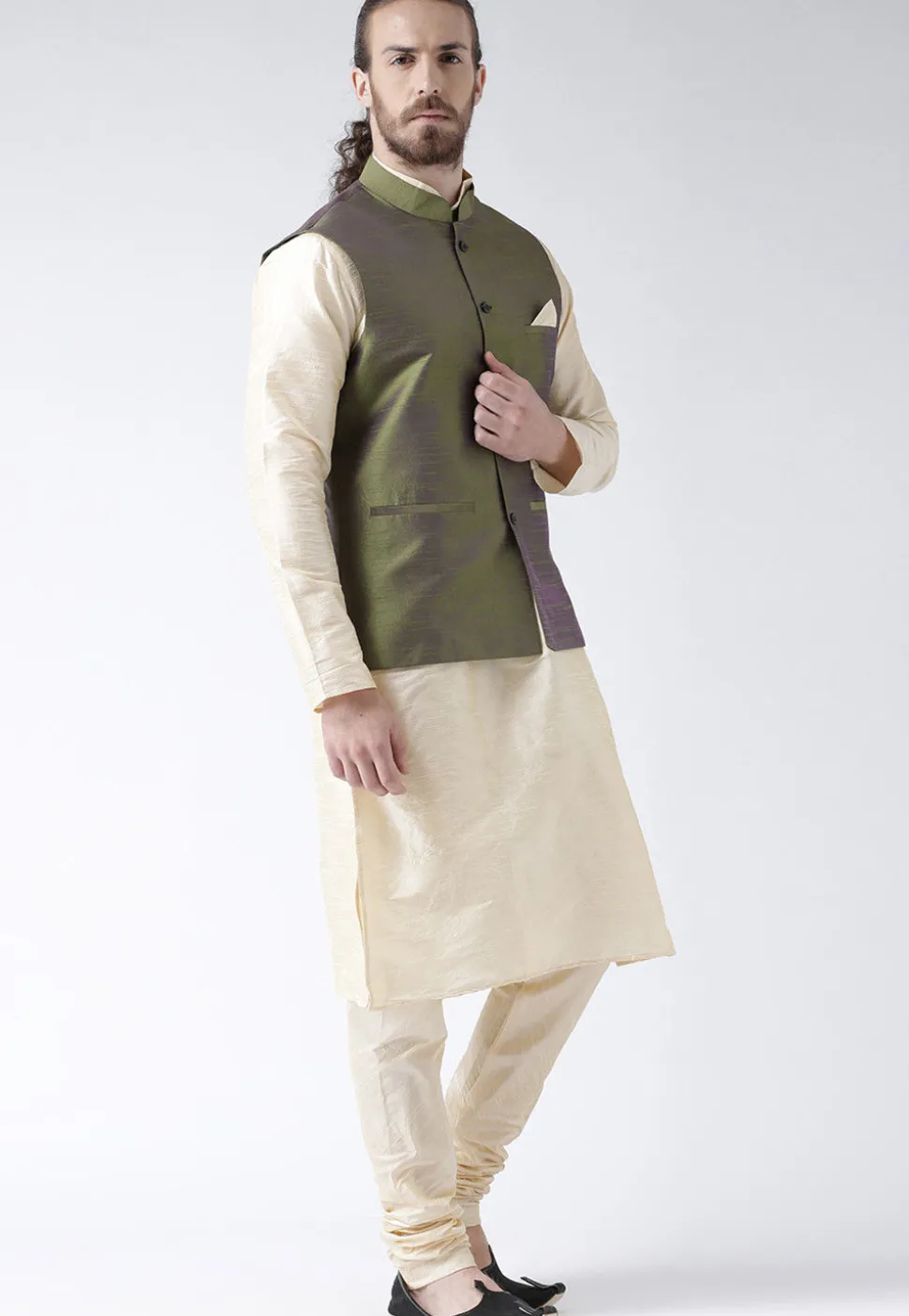 Solid Color Dupion Silk Nehru Jacket in Olive Green