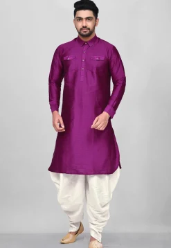 Solid Color Dupion Silk Pathani Suit in Purple