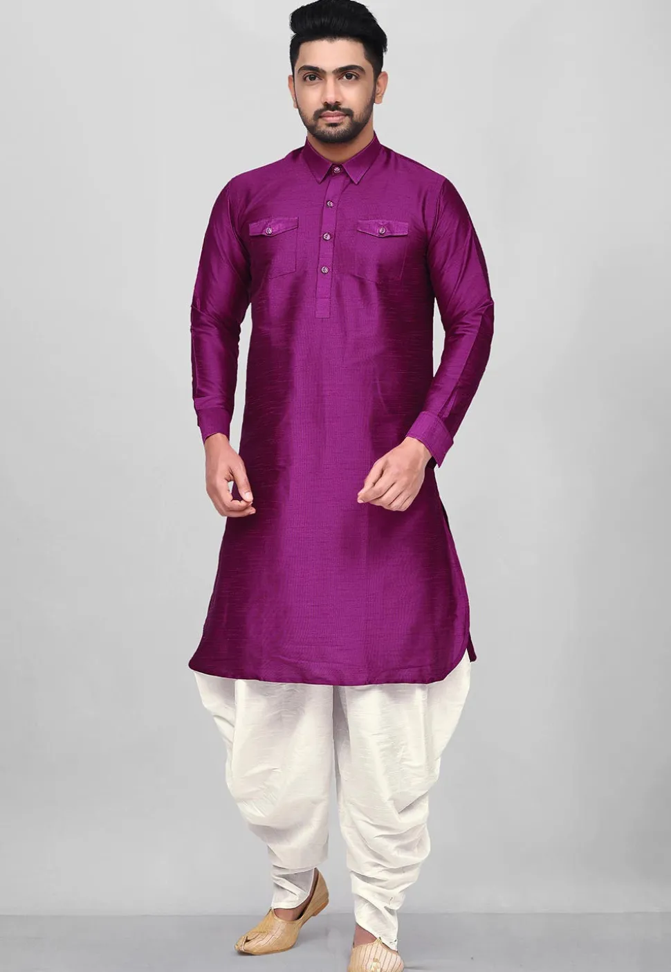 Solid Color Dupion Silk Pathani Suit in Purple