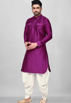 Solid Color Dupion Silk Pathani Suit in Purple