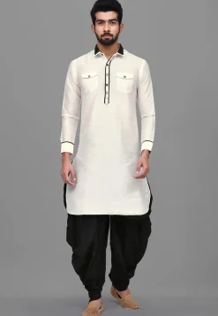 Solid Color Dupion Silk Pathani Suit in White