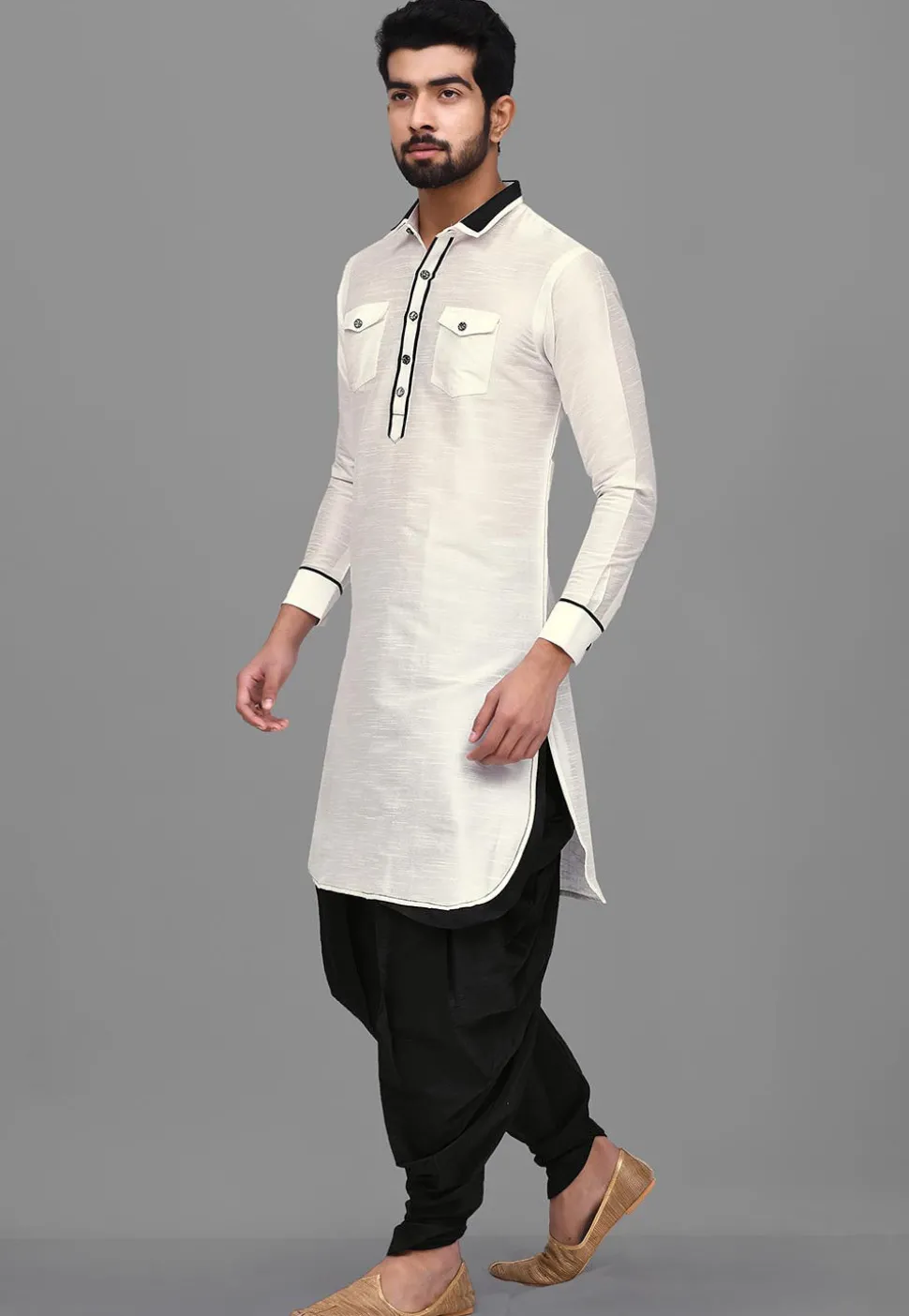 Solid Color Dupion Silk Pathani Suit in White
