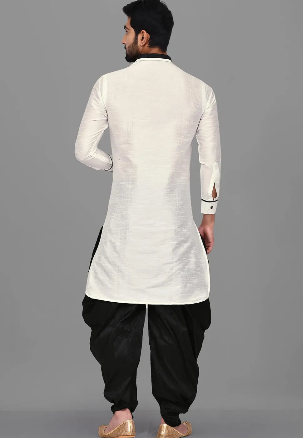 Solid Color Dupion Silk Pathani Suit in White