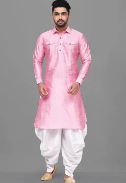 Solid Color Dupion Silk Pathani Suit in Pink