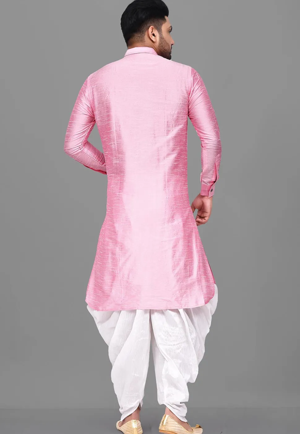Solid Color Dupion Silk Pathani Suit in Pink