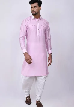 Solid Color Dupion Silk Pathani Suit in Pink
