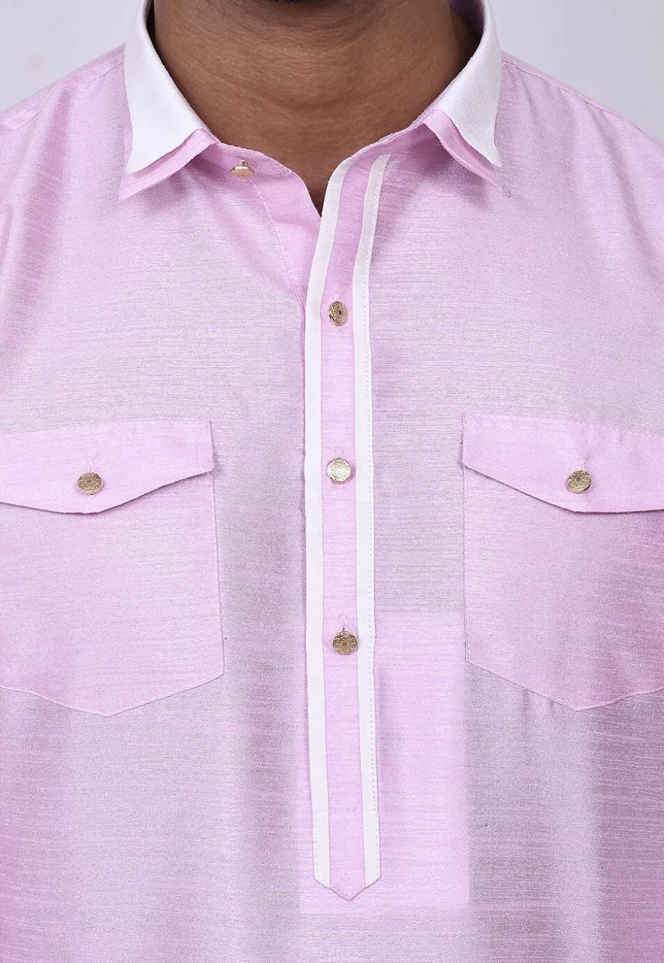 Solid Color Dupion Silk Pathani Suit in Pink