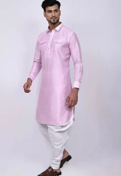 Solid Color Dupion Silk Pathani Suit in Pink