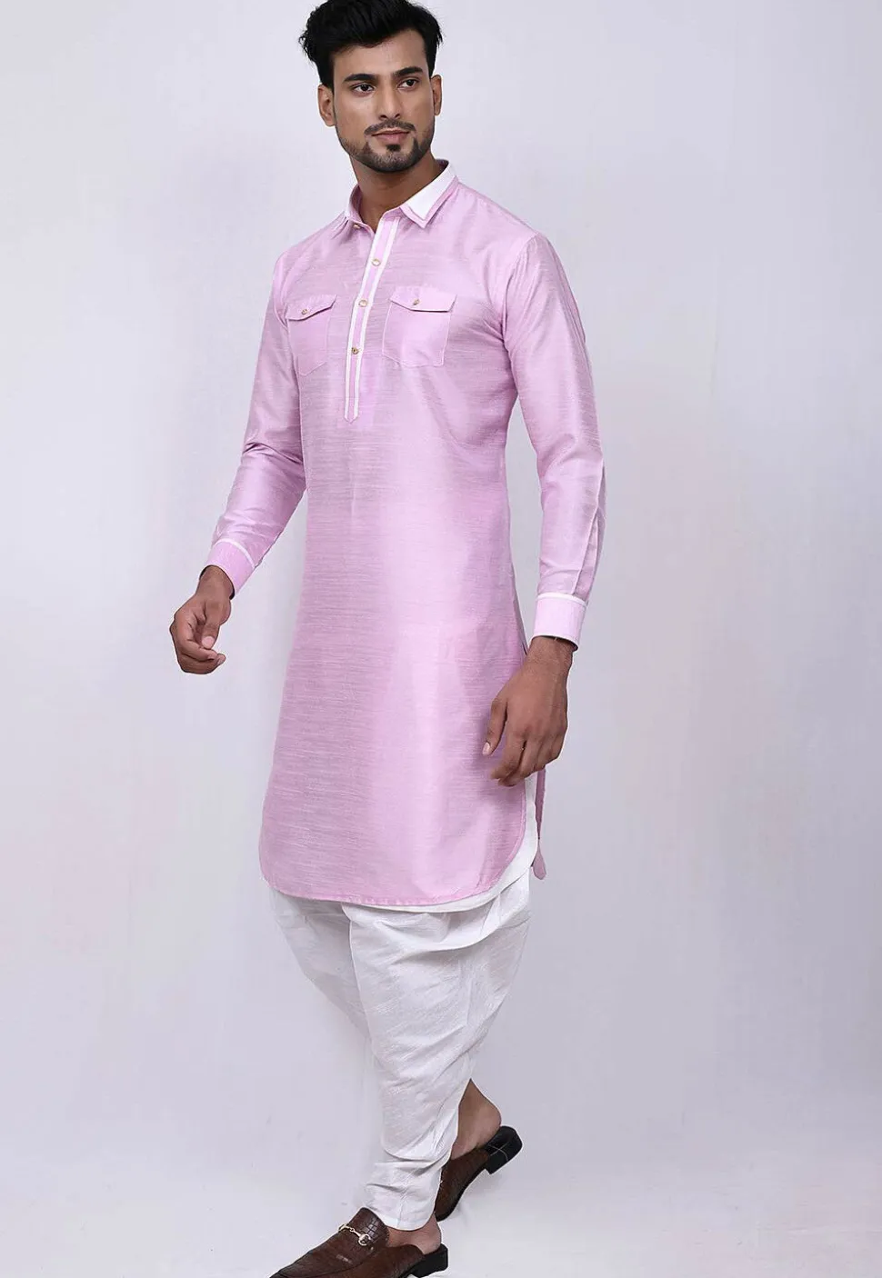 Solid Color Dupion Silk Pathani Suit in Pink
