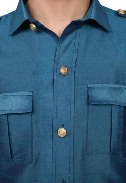Solid Color Dupion Silk Pathani Suit in Teal Blue