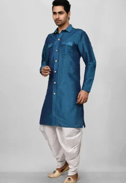 Solid Color Dupion Silk Pathani Suit in Teal Blue